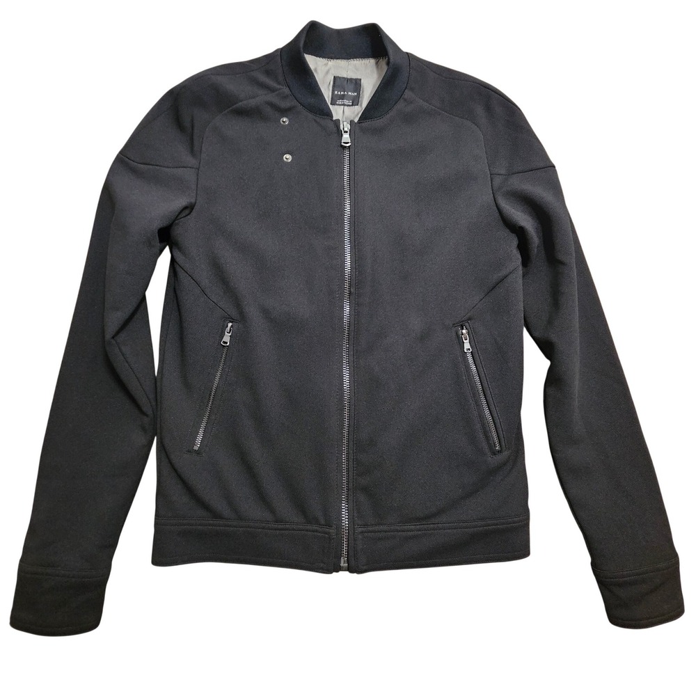 Zara Man Bomber Jacket Mens Medium Black Full Zip Snap Collar Minimalist 77302 *
